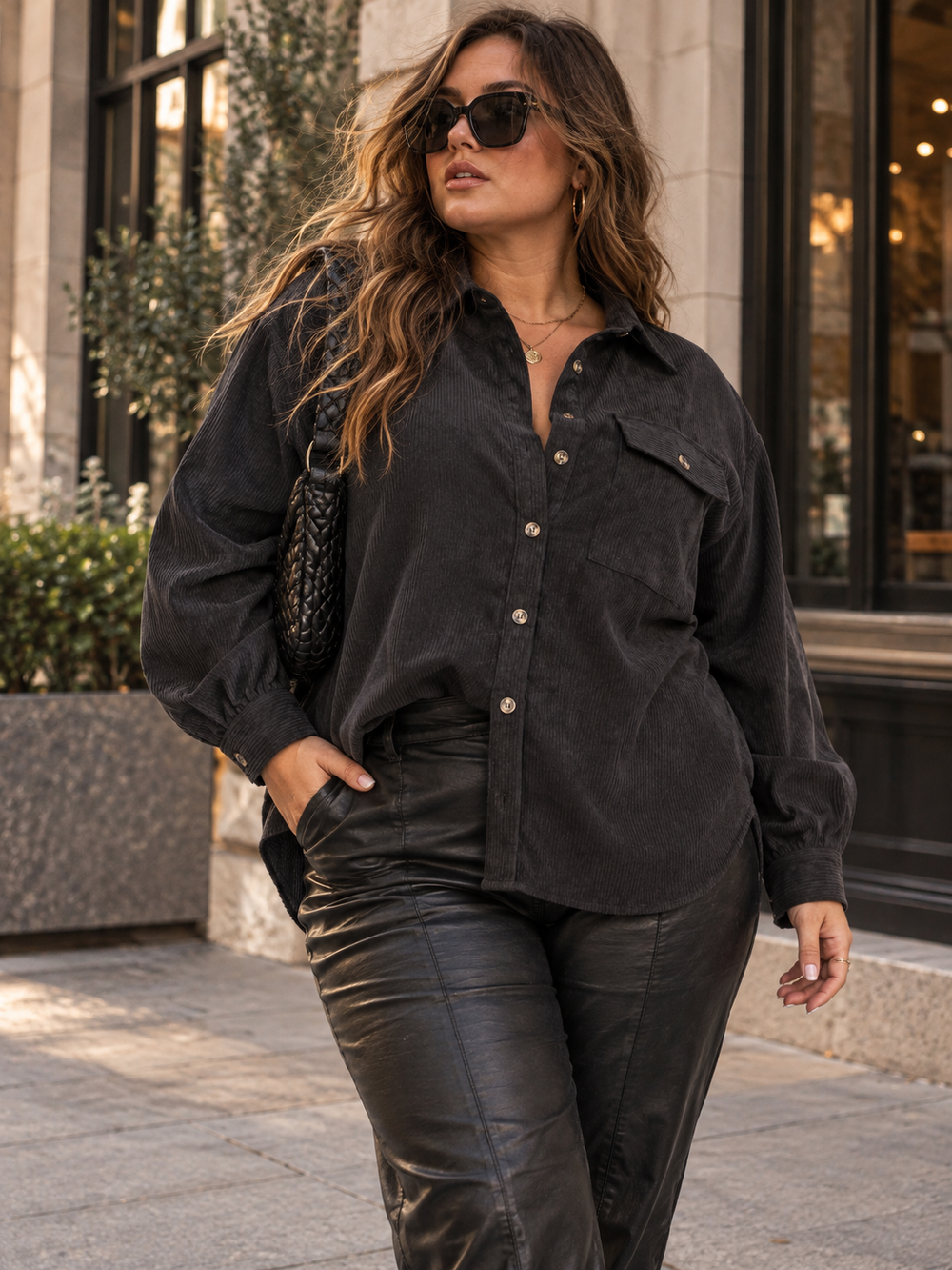 PLUS SIZE LONG SLEEVE BUTTON UP FRONT POCKETS CORDUROY SHACKET