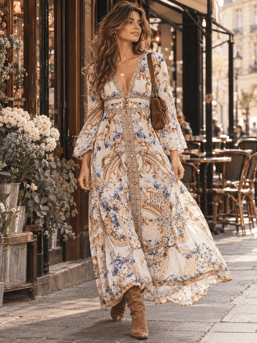 HALFHEART WOMEN'S LONG SLEEVE BUTTON UP V-NECK SMOCK WAIST MULTI PRINT MAXI DRESS