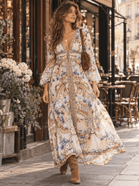 HALFHEART WOMEN'S LONG SLEEVE BUTTON UP V-NECK SMOCK WAIST MULTI PRINT MAXI DRESS