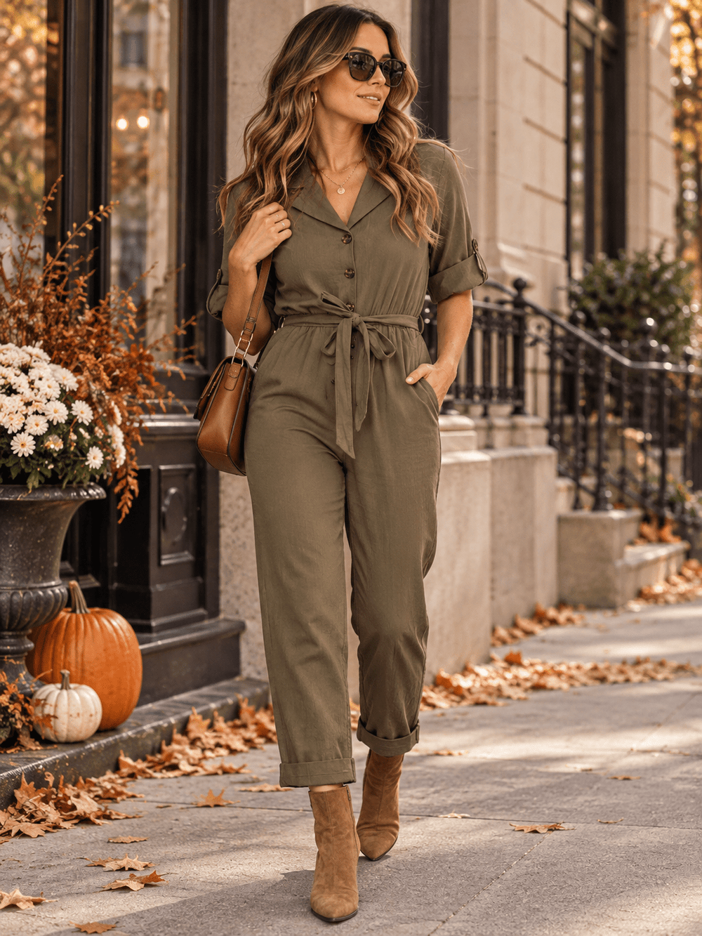 WOMEN'S SHORT SLEEVE BUTTON UP SELF TIE SKINY LEG JUMPSUIT
