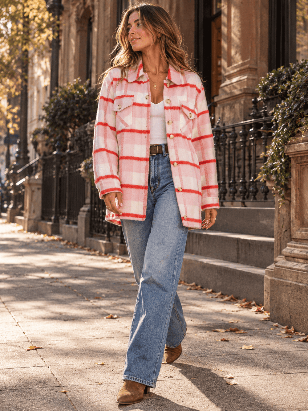 WOMEN'S LONG SLEEVE BUTTON CLOSURE FRONT POCKET PLAID JACKET