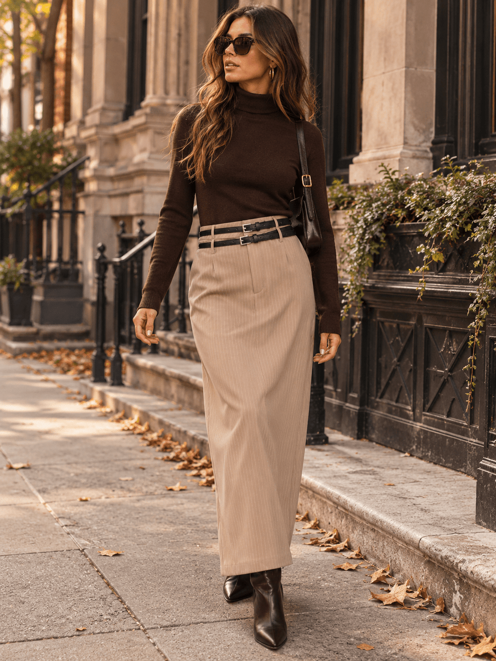 WOMEN'S BUTTON CLOSURE POCKETS DOUBLE BELTED MAXI SKIRT