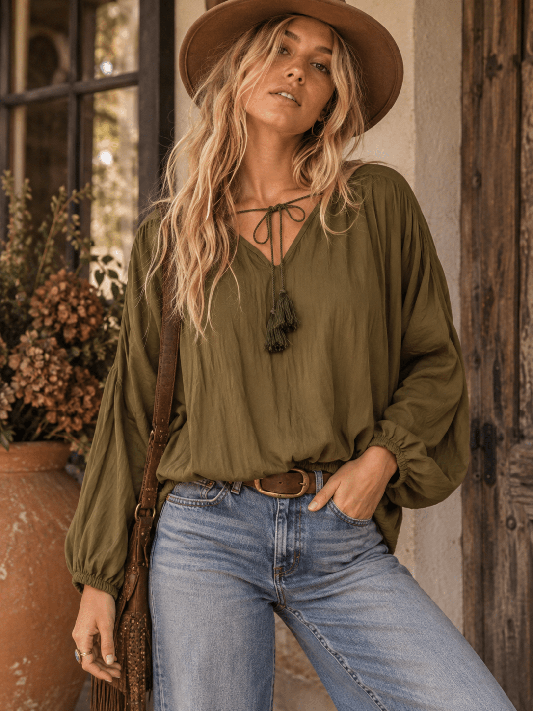 WOMEN'S LONG SLEEVE V-NECK ELASTIC WAIST BLOUSE