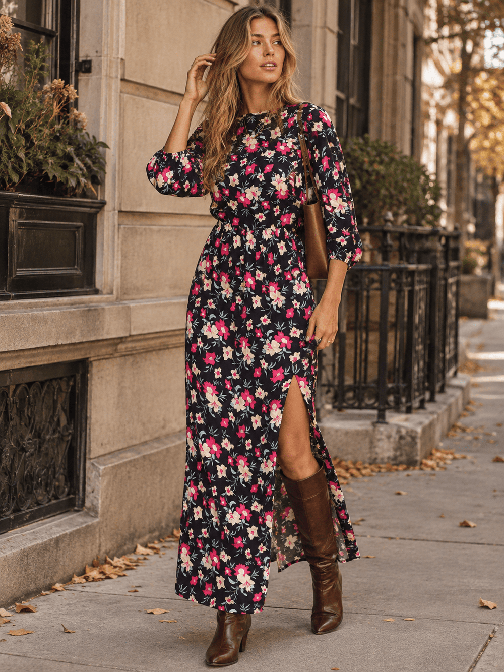 WOMEN'S 3/4 SLEEVE SIDE SLIT OPEN BACK FLORAL MAXI DRESS