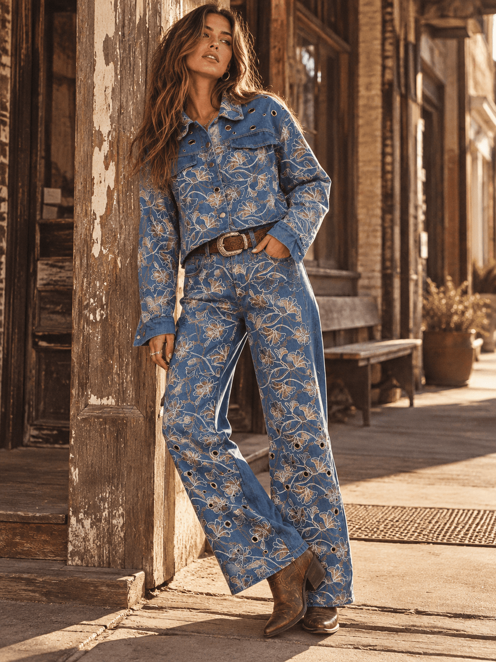 WOMEN'S LONG SLEEVE BUTTON UP SHACKET & ELASTIC WAIST BUTTON CLOSURE WIDE LEG PANTS DENIM SEQUINS PAISLEY 2PC. SET