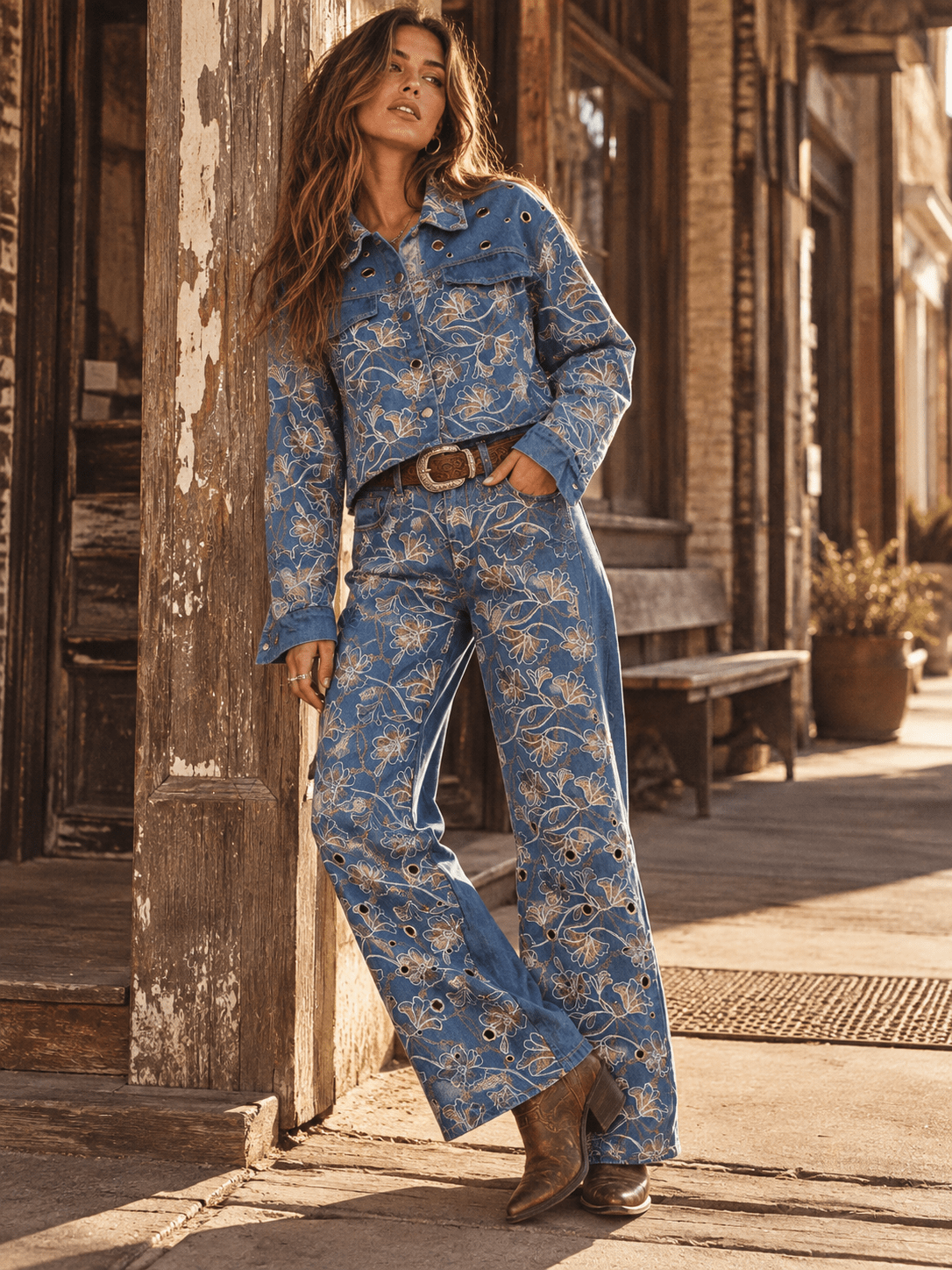 WOMEN'S LONG SLEEVE BUTTON UP SHACKET & ELASTIC WAIST BUTTON CLOSURE WIDE LEG PANTS DENIM SEQUINS PAISLEY 2PC. SET