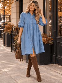 WOMEN'S SHORT SLEEVE BUTTON UP FRONT POCKETS TIERED DENIM MIDI DRESS