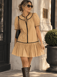 WOMEN'S SHORT PUFF SLEEVE LOOSE FIT PLEATED MINI DRESS