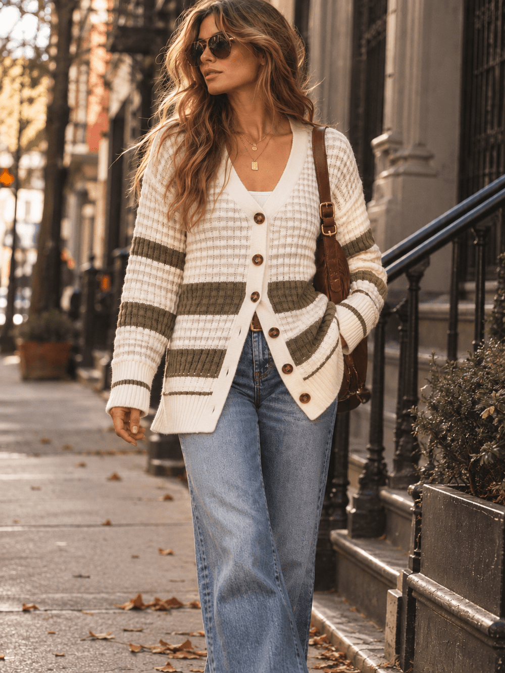 WOMEN'S LONG SLEEVE BUTTON UP COLORBLOCK STRIPES KNIT CARDIGAN