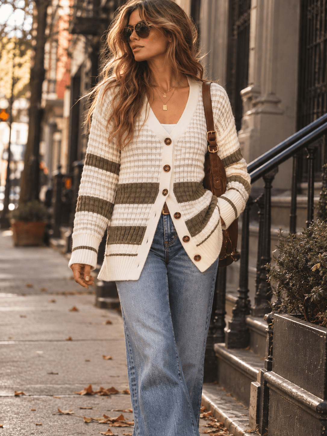 WOMEN'S LONG SLEEVE BUTTON UP COLORBLOCK STRIPES KNIT CARDIGAN