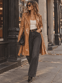WOMEN'S LONG SLEEVE ZIPPER CLOSURE FRONT POCKETS SELF TIE PU LEATHER COAT