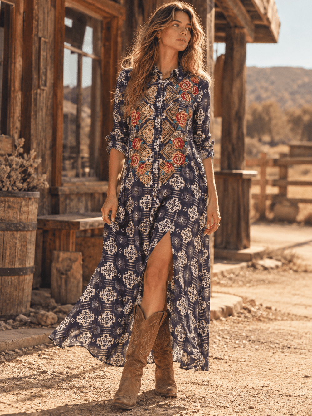 WOMEN'S LONG SLEEVE BUTTON UP SLIT FLORAL EMBROIDERY POCKETS MULTI PRINT MAXI DRESS