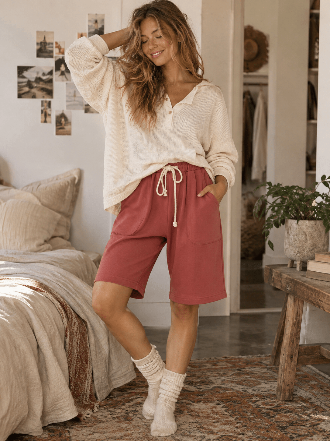 WOMEN'S ELASTIC WAIST SELF TIE FRONT POCKETS BERMUDA SHORTS