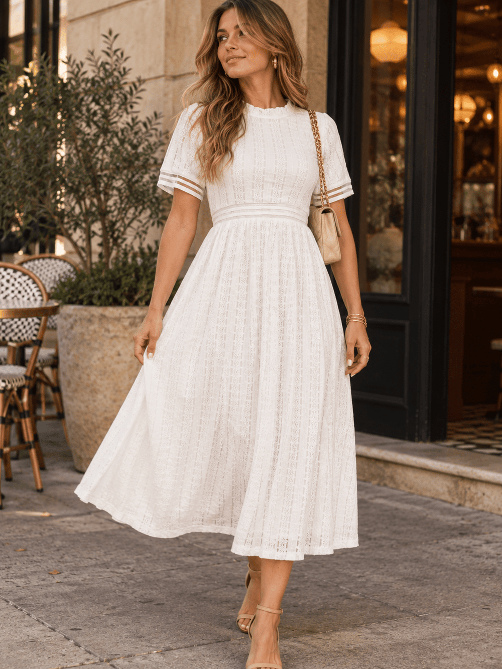 WOMEN'S SHORT SLEEVE MOCK NECK LACE MAXI DRESS