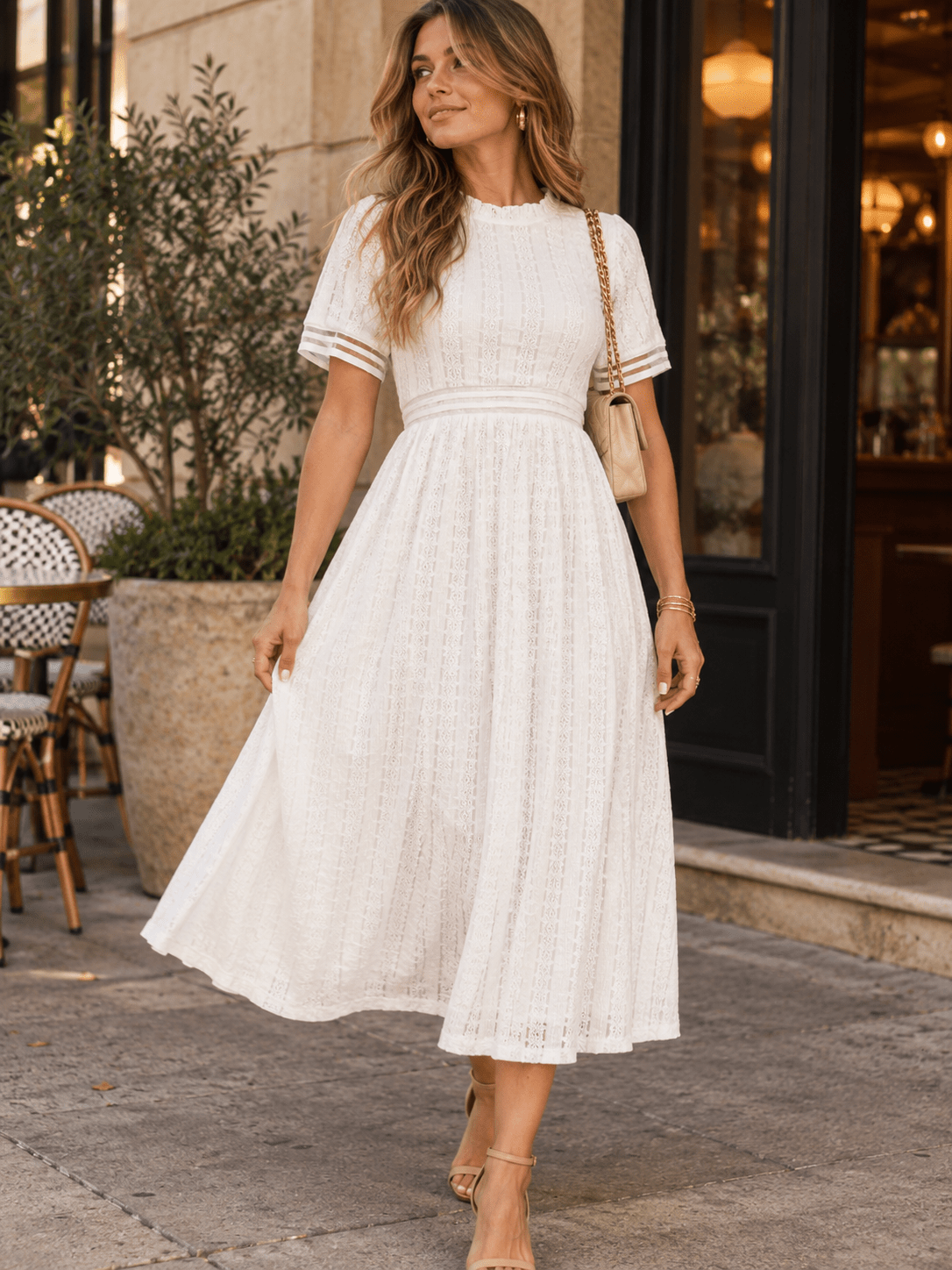 WOMEN'S SHORT SLEEVE MOCK NECK LACE MAXI DRESS