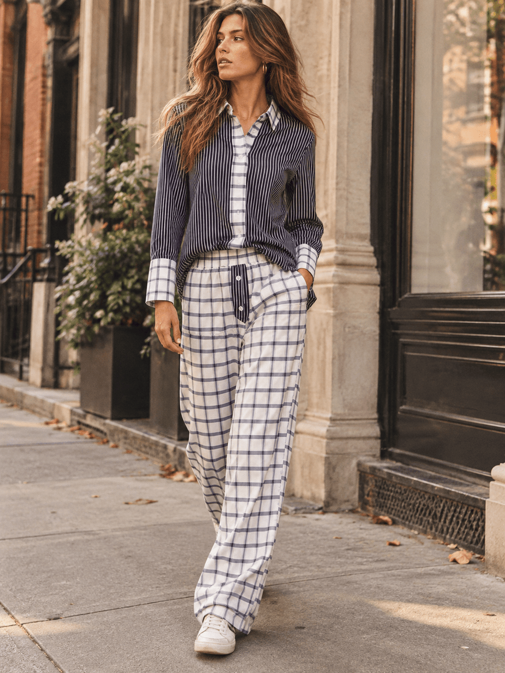 HALFHEART WOMEN'S LONG SLEEVE BUTTON UP TOP & ELASTIC WAIST WIDE LEG PANTS COLORBLOCK STRIPES 2PC. SET