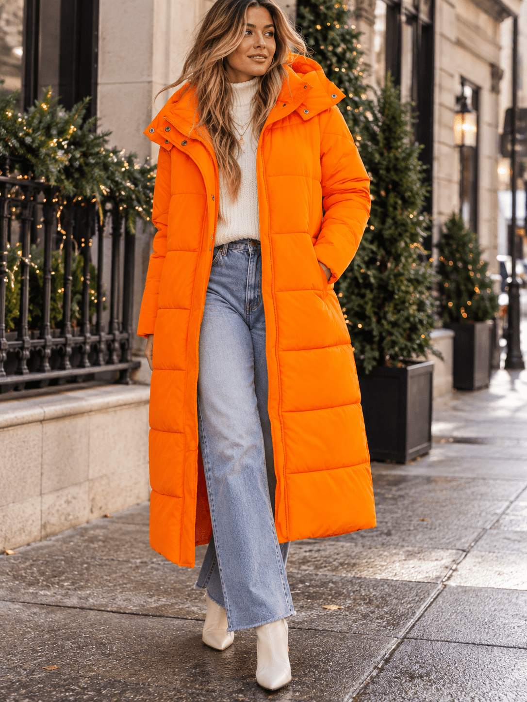 WOMEN'S LONG SLEEVE ZIP UP BUTTON CLOSURE FRONT POCKETS REMOVABLE HOODIE PUFFER COAT