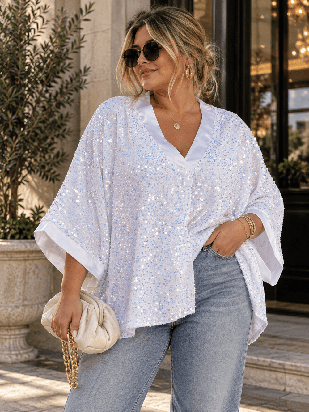 PLUS SIZE 3/4 SLEEVE V-NECK TUNIC SEQUINS BLOUSE