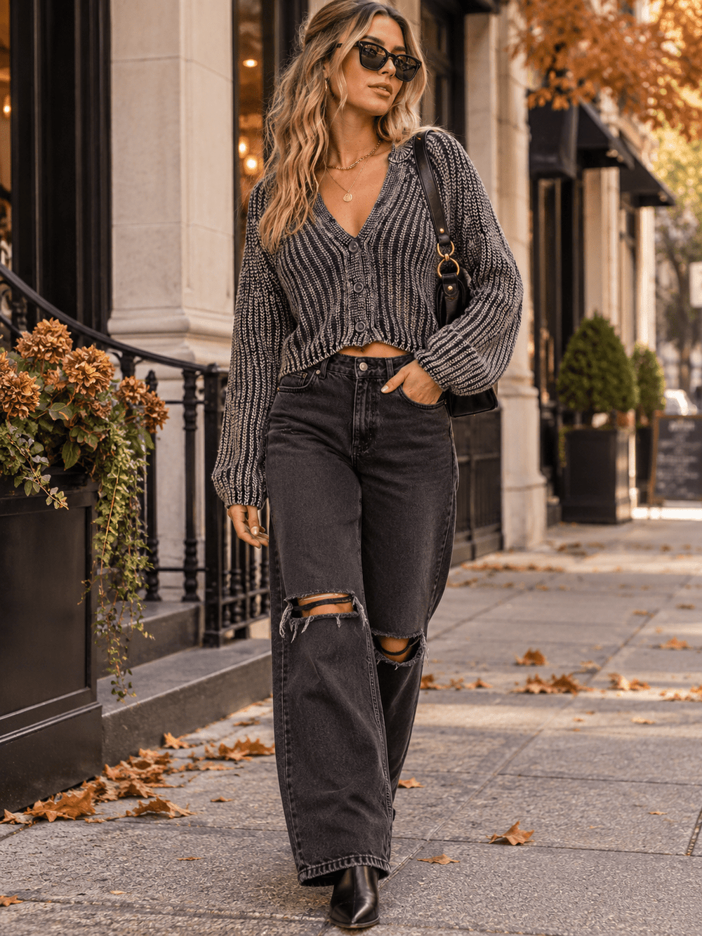 WOMEN'S LONG SLEEVE V-NECK KNITTED BUTTON UP WASHED SWEATER
