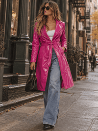 WOMEN'S LONG SLEEVE ZIPPER CLOSURE FRONT POCKETS SELF TIE PU LEATHER COAT