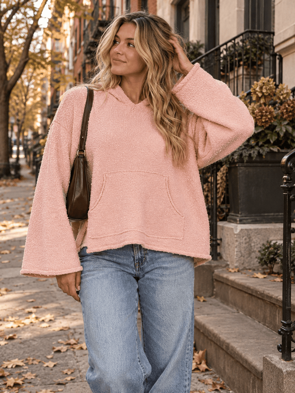 WOMEN'S LONG BELL SLEEVE FRONT POCKET HOODED PULLOVER SWEATER