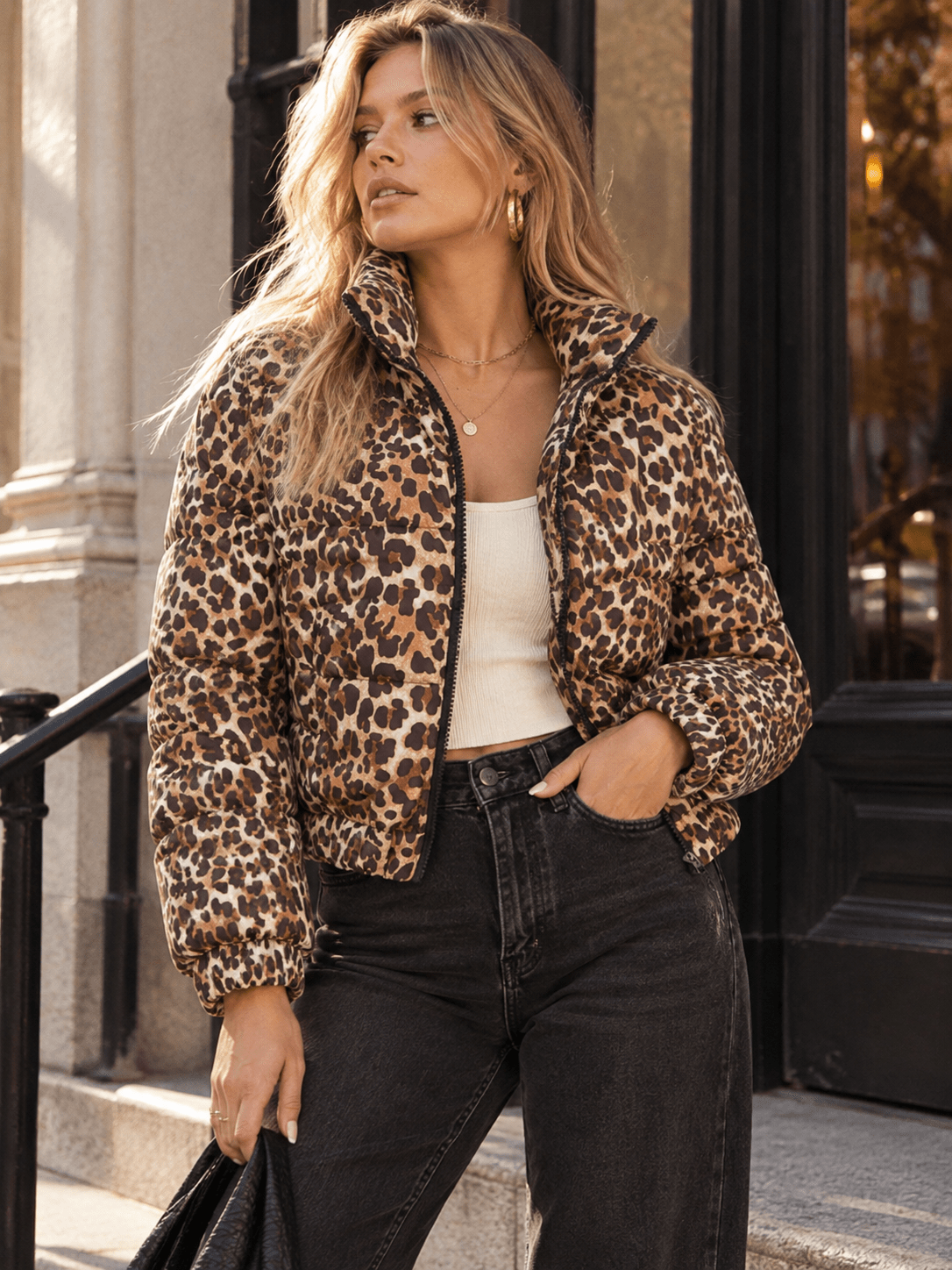 WOMEN'S LONG SLEEVE ZIPPER CLOSURE FRONT POCKETS ANIMAL PRINT PUFFER JACKET