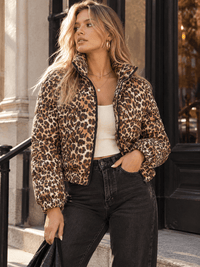 WOMEN'S LONG SLEEVE ZIPPER CLOSURE FRONT POCKETS ANIMAL PRINT PUFFER JACKET