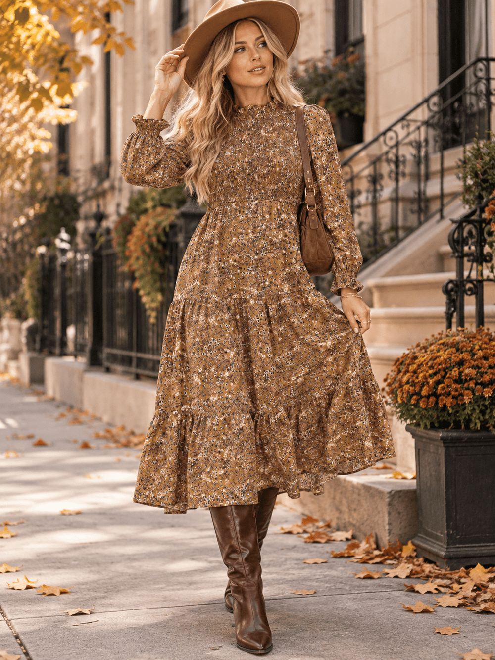 WOMEN'S LONG SLEEVE SMOCK FLORAL FRONT POCKETS TIERED MIDI DRESS