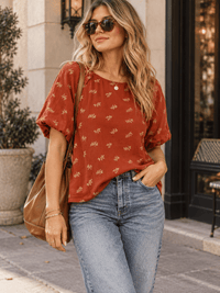 WOMEN'S SHORT PUFF SLEEVE FLORAL PRINT BLOUSE