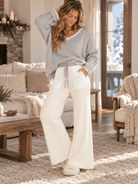 WOMEN'S ELASTIC WAIST SELF TIE FRONT POCKETS COLORBLOCK WIDE LEG KNIT PANTS