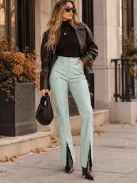 ENTRO WOMEN'S BUTTON CLOSURE BELL LEGS PU PLEATHER PANTS