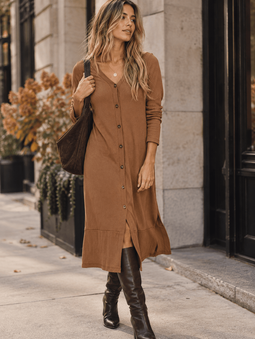 WOMEN'S LONG SLEEVE BUTTON UP RIBBED MIDI DRESS