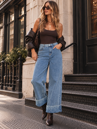 WOMEN'S BUTTON CLOSURE POCKETS WIDE LEG DENIM FLORAL DETAILED PANTS