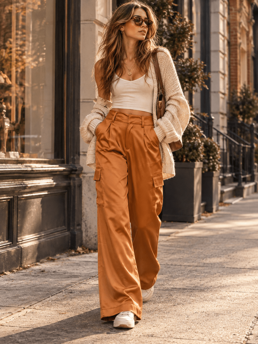 WOMEN'S BUTTON CLOSURE CARGO POCKETS WIDE LEG PANTS