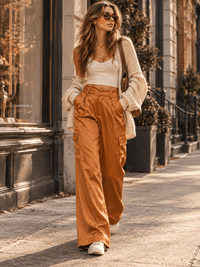 WOMEN'S BUTTON CLOSURE CARGO POCKETS WIDE LEG PANTS
