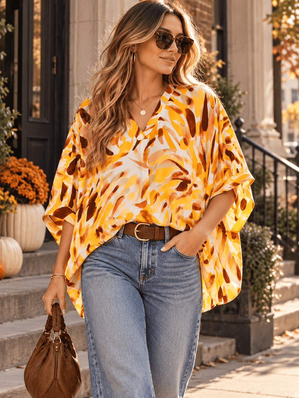 WOMEN'S SHORT SLEEVE V-NECK MULTI PRINT TUNIC BLOUSE