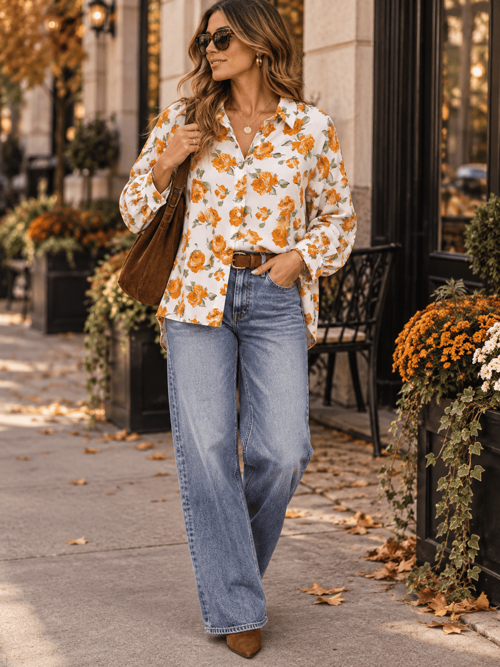 WOMEN'S LONG SLEEVE BUTTON UP HIGH-LOW FLOWER PRINT BLOUSE