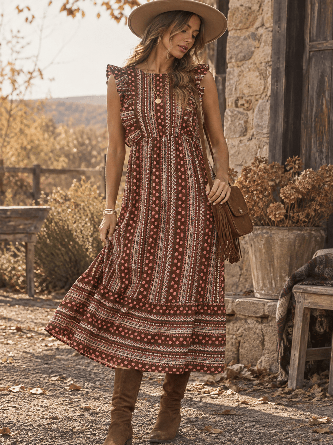 WOMEN'S RUFFLE SLEEVE ELASTIC WAIST PRINTED MIDI DRESS