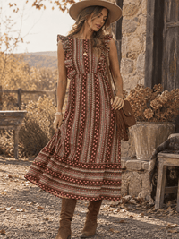 WOMEN'S RUFFLE SLEEVE ELASTIC WAIST PRINTED MIDI DRESS