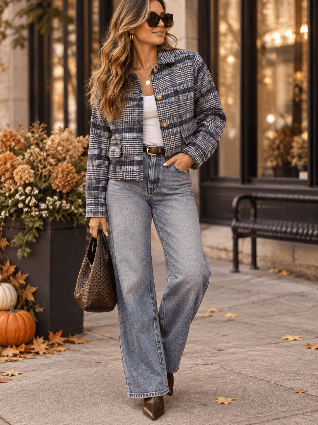 WOMEN'S LONG SLEEVE BUTTON CLOSURE FRONT POCKETS PLAID FUZZY JACKET