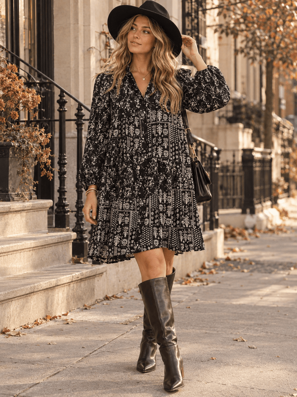 WOMEN'S LONG SLEEVE FRONT POCKETS BUTTON UP FLORAL PRINT MINI DRESS