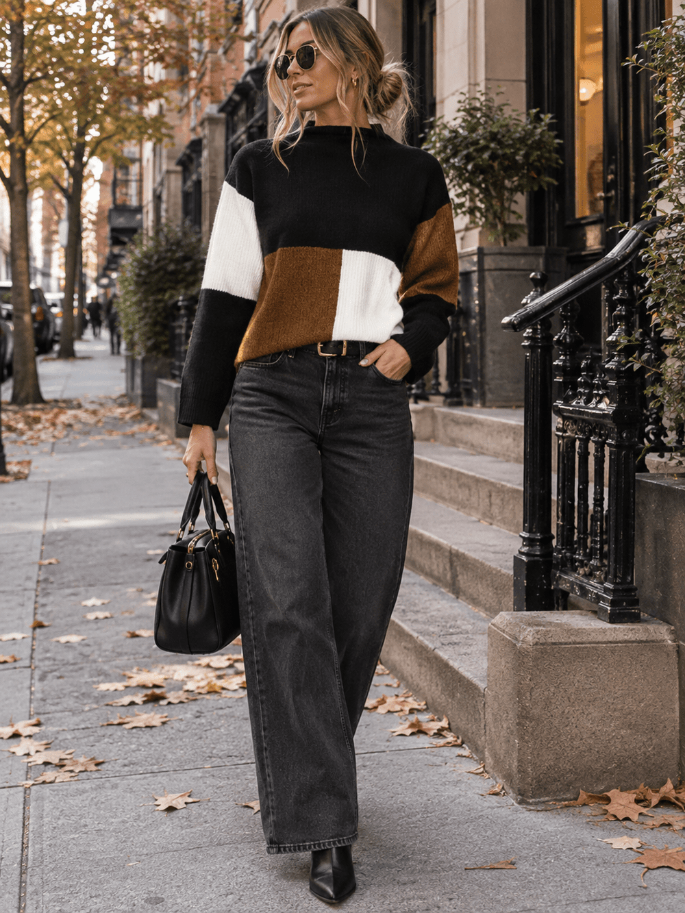 WOMEN'S LONG SLEEVE MOCK NECK PULLOVER COLORBLOCK SWEATER
