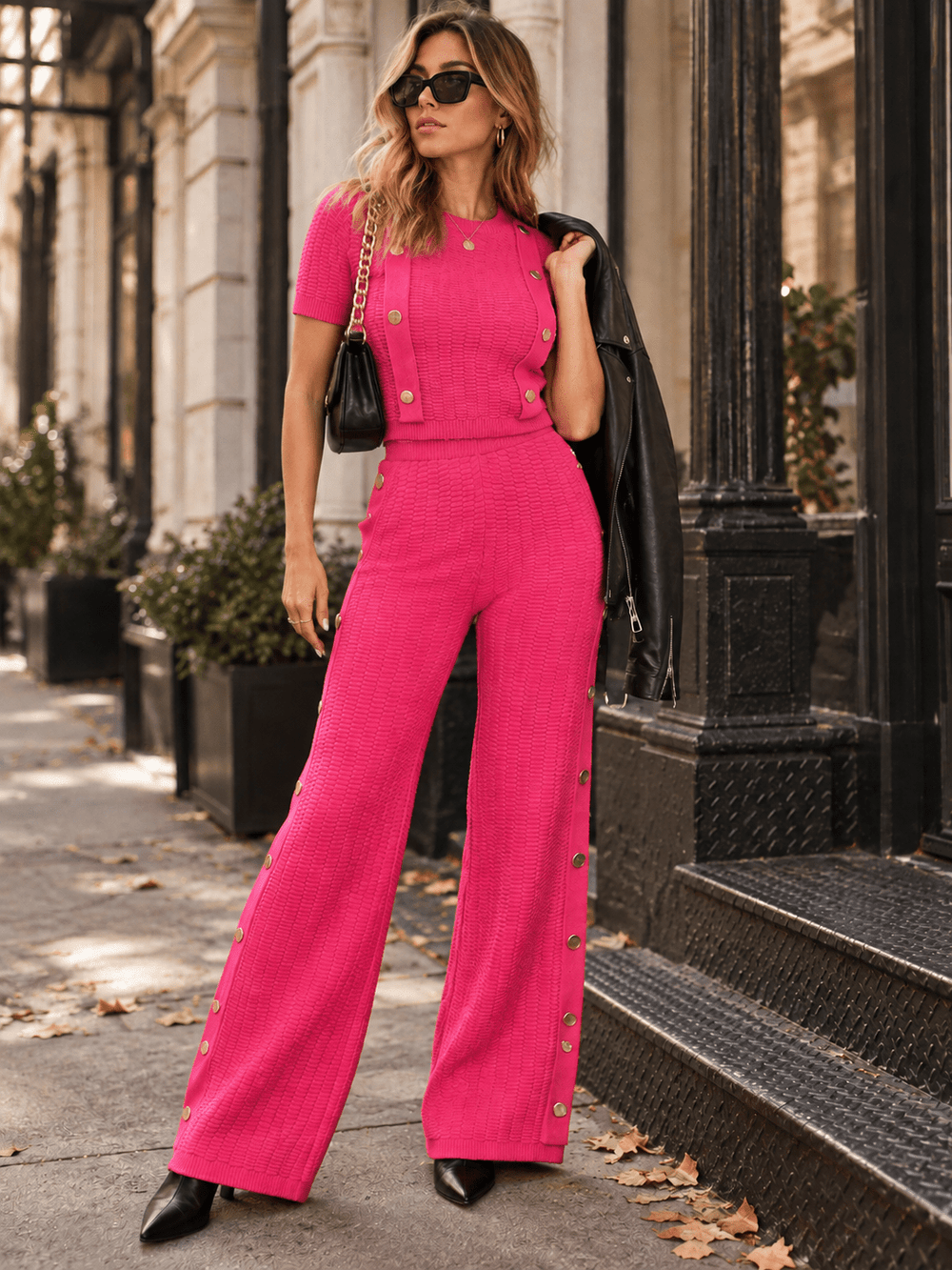 WOMEN'S SHORT SLEEVE BLOUSE & ELASTIC WAIST WIDE LEG PANTS RIBBED 2PC. SET