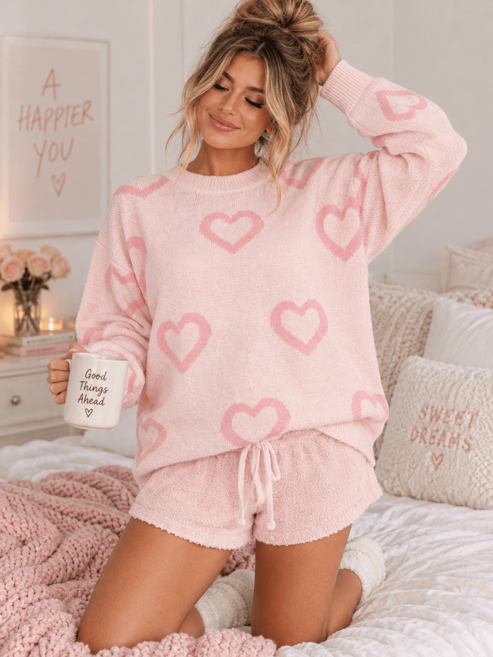 WOMEN'S LONG SLEEVE HEARTS PRINT PULLOVER COLORBLOCK SWEATER