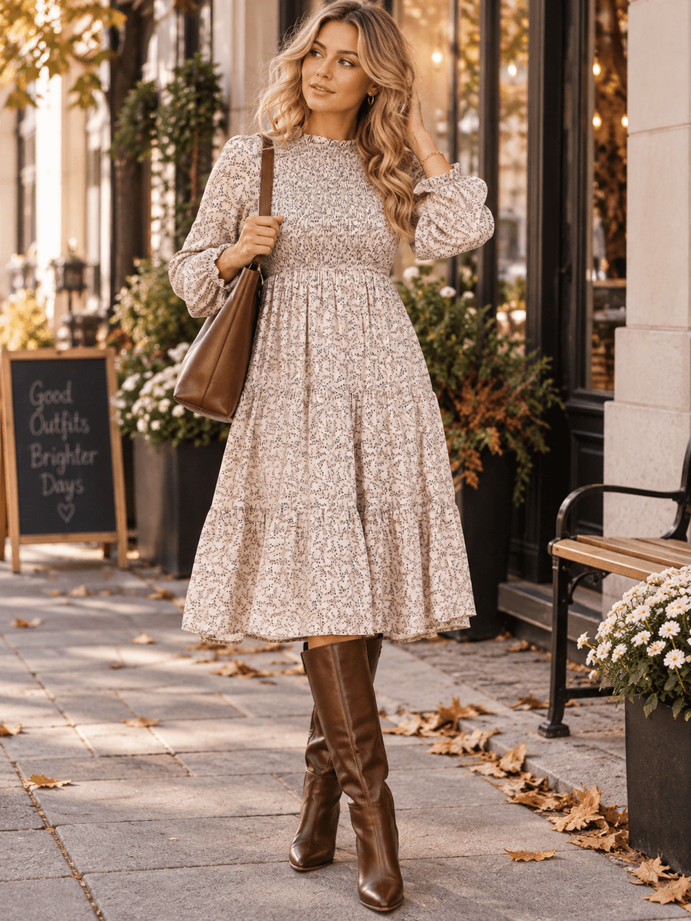 WOMEN'S LONG SLEEVE SMOCK FLORAL TIERED MIDI DRESS