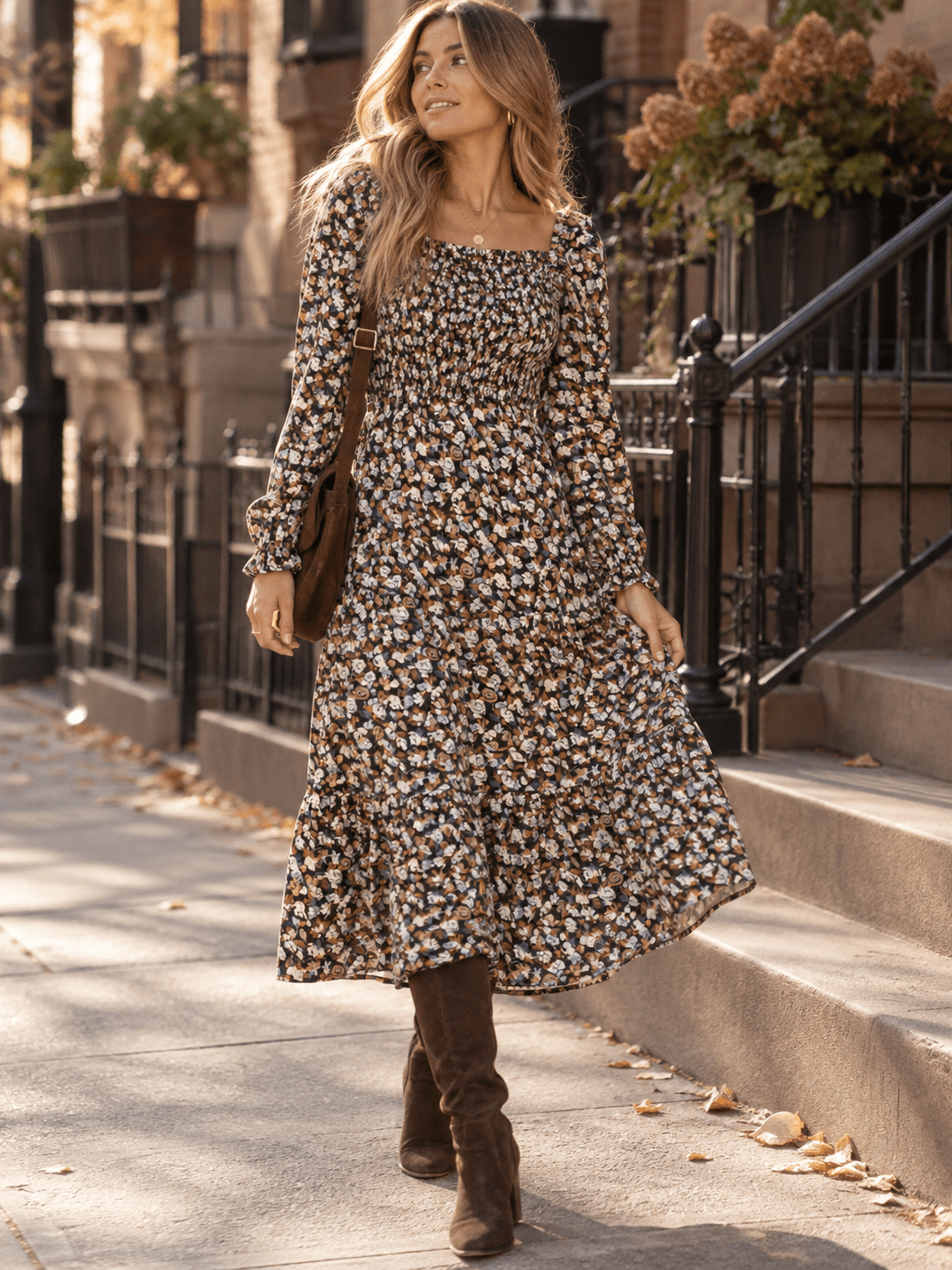 WOMEN'S LONG SLEEVE SMOCK FLORAL PRINT MIDI DRESS