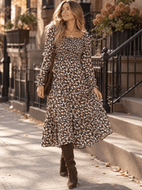 WOMEN'S LONG SLEEVE SMOCK FLORAL PRINT MIDI DRESS