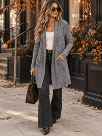 WOMEN'S LONG SLEEVE FRONT POCKETS OPEN FRONT RIBBED CARDIGAN