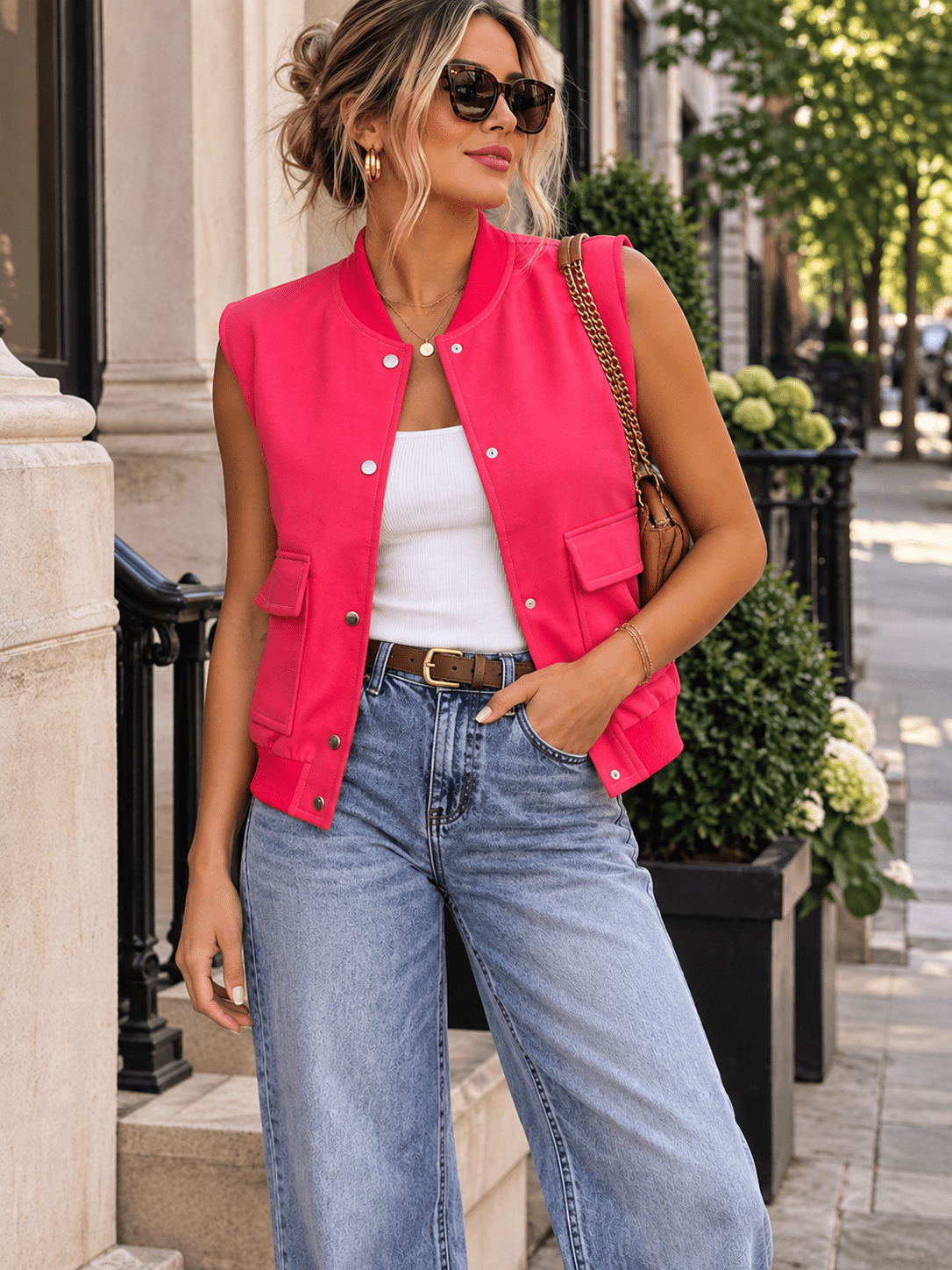 WOMEN'S SLEEVELESS BUTTON CLOSURE FRONT POCKETS DENIM VEST