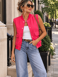 WOMEN'S SLEEVELESS BUTTON CLOSURE FRONT POCKETS DENIM VEST